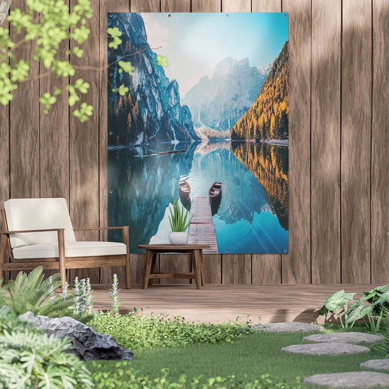 Gards Tuinposter Twee Bootjes op het Meer in de Bergen - 120x160 cm - Tuindoek - Tuindecoratie - Wanddecoratie buiten - Tuinschilderij