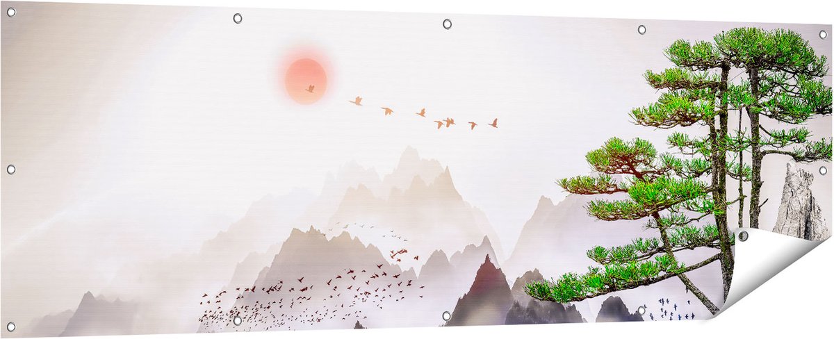Gards Tuinposter Bergenlandschap met een Boom - Abstract - 180x60 cm - Tuindoek - Tuindecoratie - Wanddecoratie buiten - Tuinschilderij Multikleur