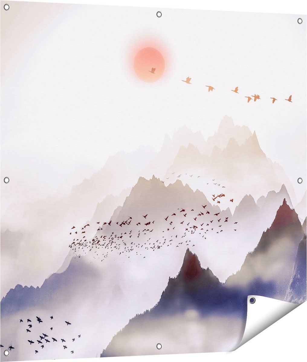 Gards Tuinposter Bergenlandschap met een Boom - Abstract - 100x100 cm - Tuindoek - Tuindecoratie - Wanddecoratie buiten - Tuinschilderij Multikleur