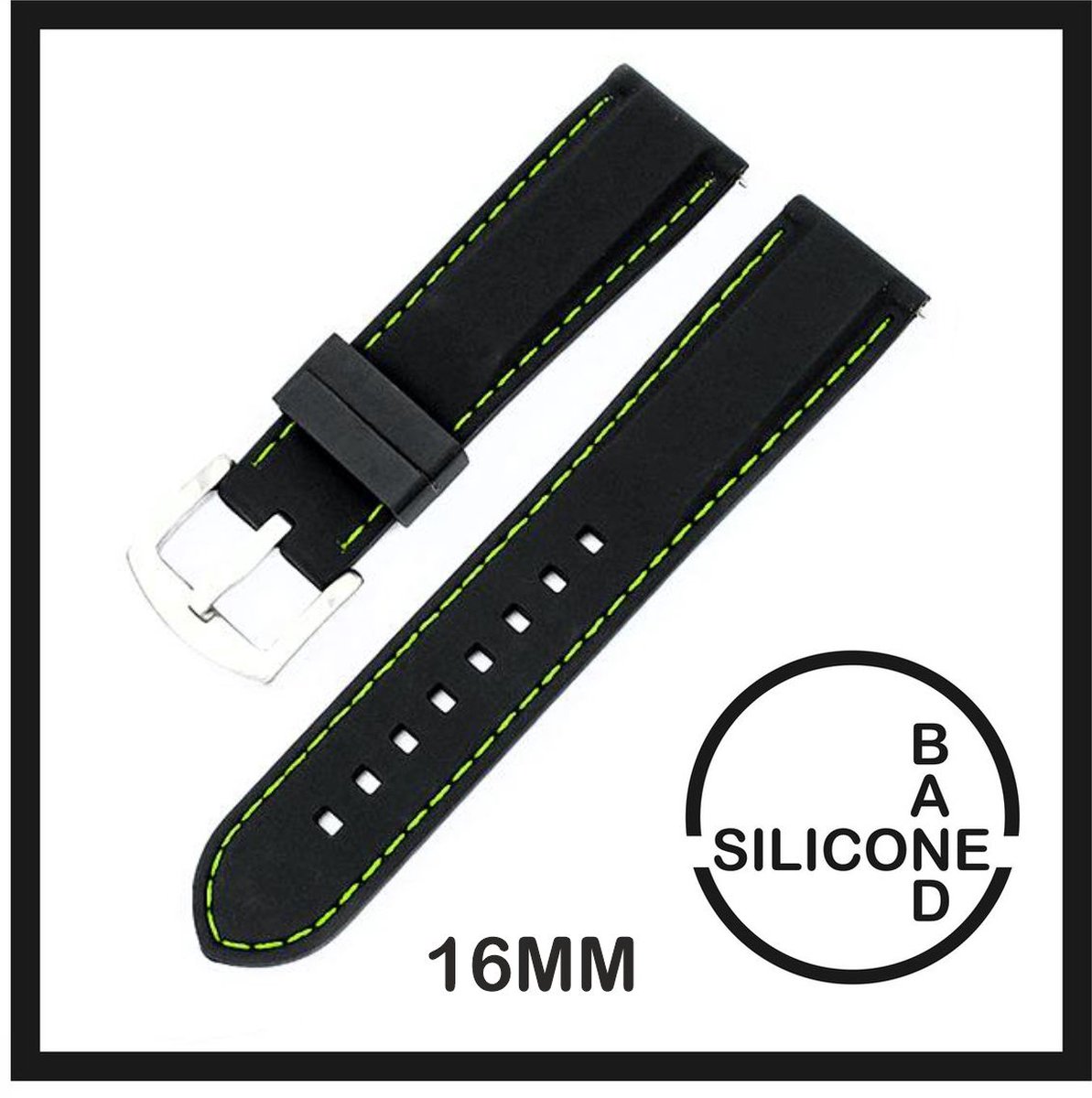 16mm Rubber Siliconen horlogeband Zwart met Groene stiksels passend op o.a Casio Seiko Citizen en alle andere merken - 16 mm Bandje - Horlogebandje horlogeband
