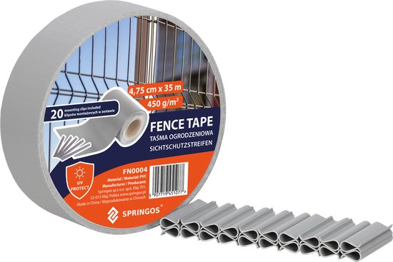 Grijze PVC vlechtband voor tuinafsluiting, 4,75 cm x 35 m, 450 g/m², met 20 montageclips.