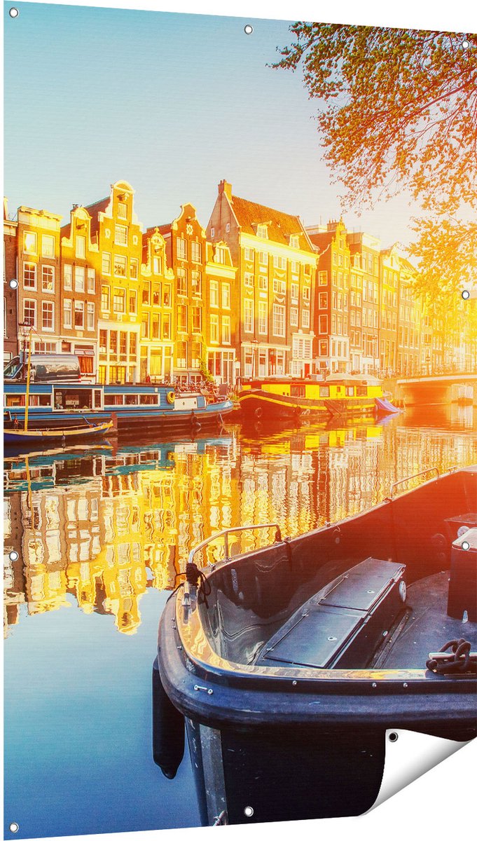 Gards Tuinposter Amsterdamse Brug - Gracht - met Bloemen - 100x150 cm - Tuindoek - Tuindecoratie - Wanddecoratie buiten - Tuinschilderij Multikleur