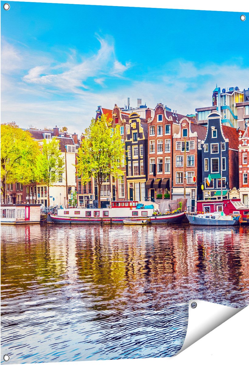 Gards Tuinposter Amsterdamse Huisjes aan het Water - 80x100 cm - Tuindoek - Tuindecoratie - Wanddecoratie buiten - Tuinschilderij Multikleur