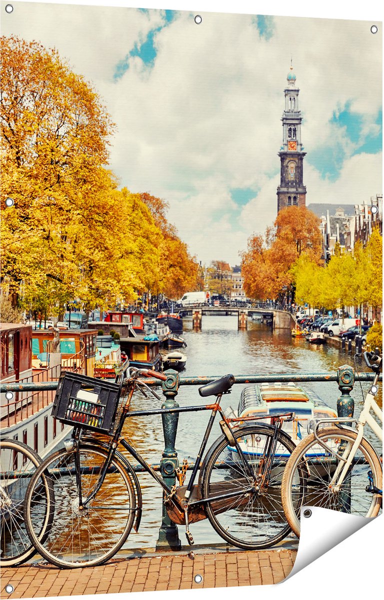 Gards Tuinposter Amsterdamse Brug bij een Brug met Fietsen - 90x120 cm - Tuindoek - Tuindecoratie - Wanddecoratie buiten - Tuinschilderij Multikleur