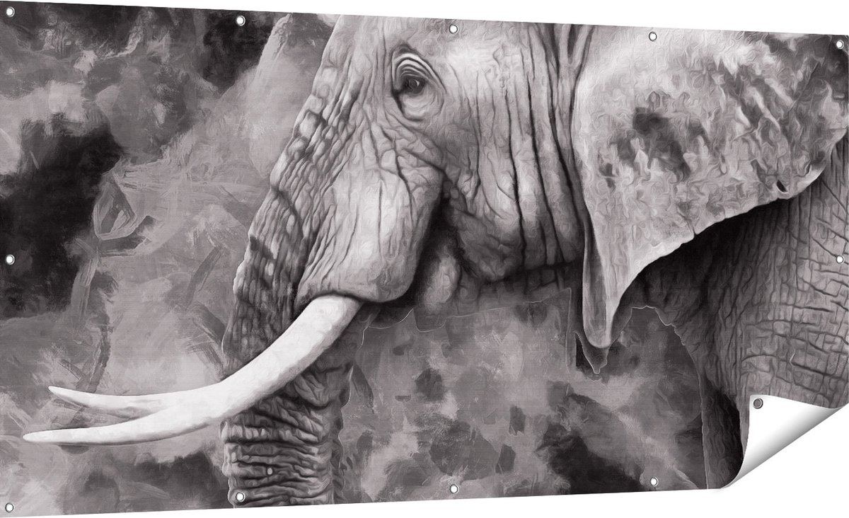 Gards Tuinposter Olifant - Abstract - Zwart Wit - 180x90 cm - Tuindoek - Tuindecoratie - Wanddecoratie buiten - Tuinschilderij Multikleur