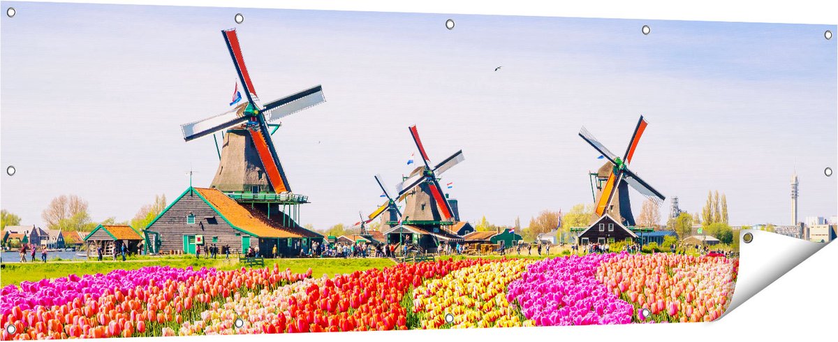 Gards Tuinposter Kleurrijke Tulpen Bloemenveld - Windmolen - 180x60 cm - Tuindoek - Tuindecoratie - Wanddecoratie buiten - Tuinschilderij Multikleur