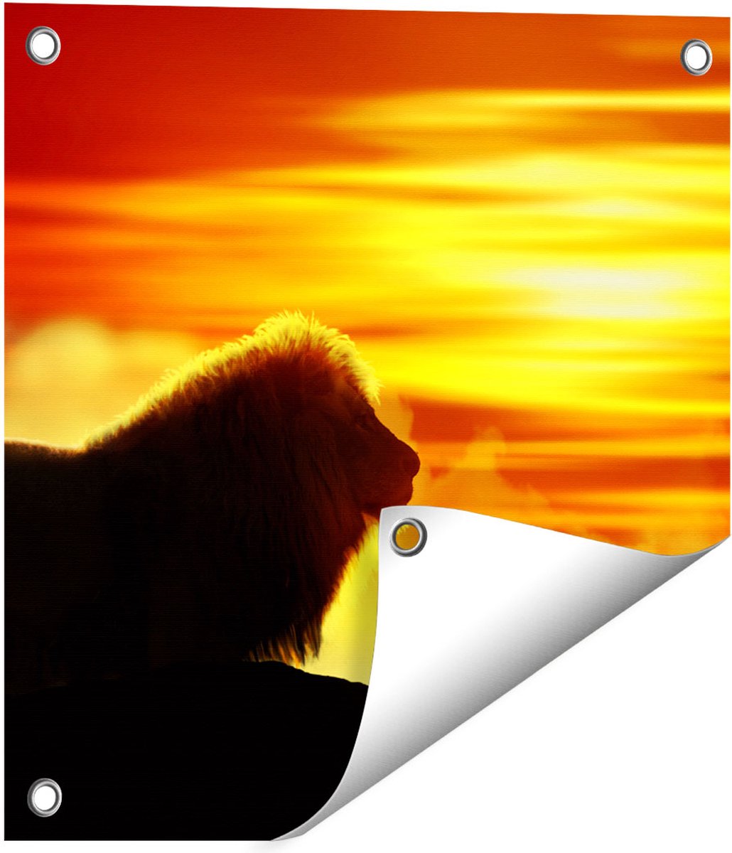 Gards Tuinposter Leeuw en Tijger - Silhouet - Zonsopkomst - 40x40 cm - Tuindoek - Tuindecoratie - Wanddecoratie buiten - Tuinschilderij Multikleur