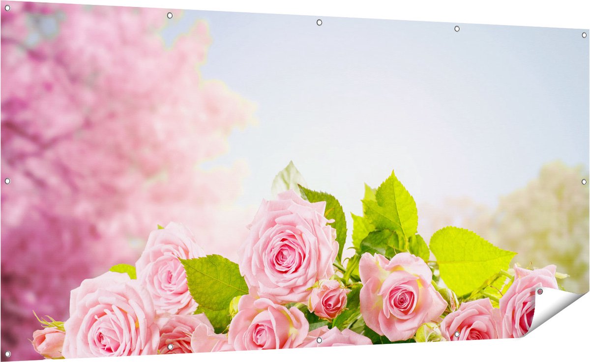 Gards Tuinposter Boeket Roze Rozen Bloemen - 200x100 cm - Tuindoek - Tuindecoratie - Wanddecoratie buiten - Tuinschilderij Multikleur