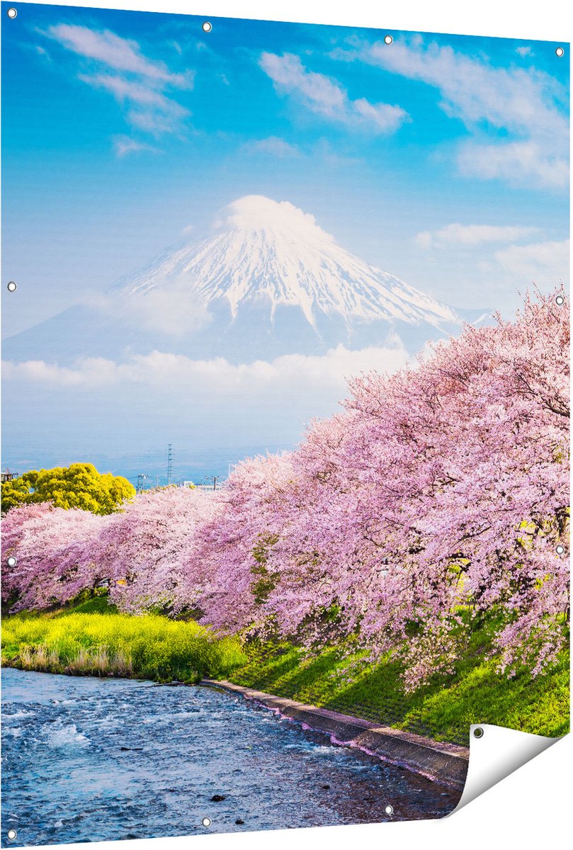 Gards Tuinposter Roze Bloesembomen bij de Fuji Berg - 120x150 cm - Tuindoek - Tuindecoratie - Wanddecoratie buiten - Tuinschilderij Multikleur