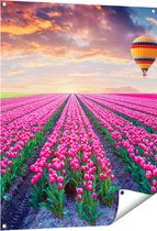 Affiche de jardin Champ de fleurs avec tulipes roses - Montgolfière - 80x100 cm - Toile de Décoration de jardin - Décoration murale extérieure - Tableau de jardin