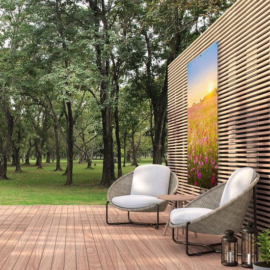 Gards Affiche de jardin Champ de fleurs avec Kosmos rose - 100x150 cm - Toile jardin - Décoration de jardin - Décoration murale extérieur - Tableau jardin