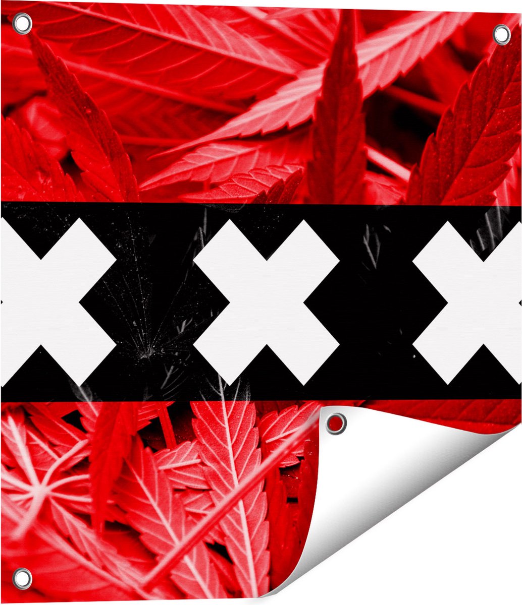 Gards Tuinposter Amsterdamse Vlag met Cannabis Achtergrond - 50x50 cm - Tuindoek - Tuindecoratie - Wanddecoratie buiten - Tuinschilderij Multikleur