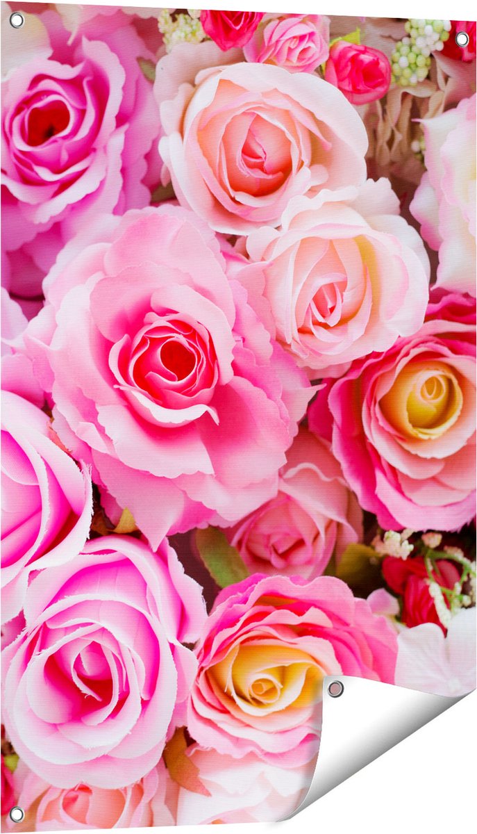Gards Tuinposter Roze Rozen Achtergrond - Bloemen - 60x90 cm - Tuindoek - Tuindecoratie - Wanddecoratie buiten - Tuinschilderij Multikleur
