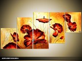 Schilderij -  Bloemen - Klaproos - Rood, Geel - 150x70cm 5Luik - GroepArt - Handgeschilderd Schilderij - Canvas Schilderij - Wanddecoratie - Woonkamer - Slaapkamer - Geschilderd Door Onze Kunstenaars 2000+Collectie Maatwerk Mogelijk