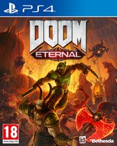 DOOM Eternal PS4-speldoos met de Doom Slayer die op een demon springt, omringd door vuur en demonen.