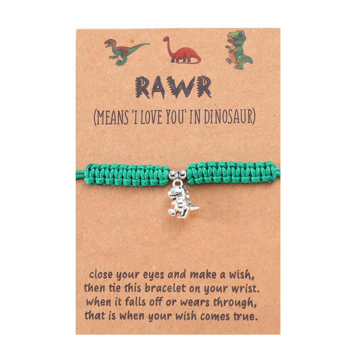 Armbandje met Dino Zilverkleurig - Groen Bandje - Armband op Cadeau kaartje - Pax Amare