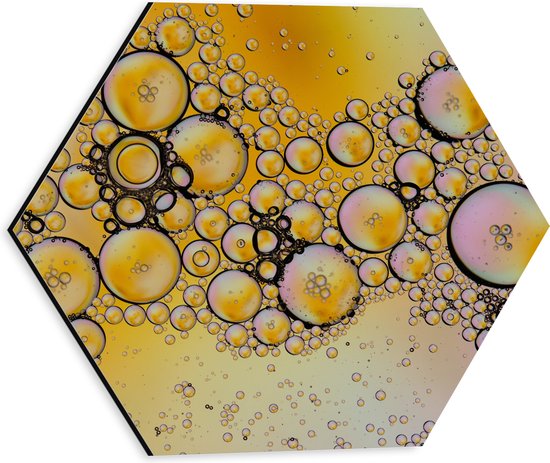 Dibond Hexagon - Luchtbellen op Ondergrond van Gele en Roze Tinten - 30x26.1 cm Foto op Hexagon (Met Ophangsysteem)