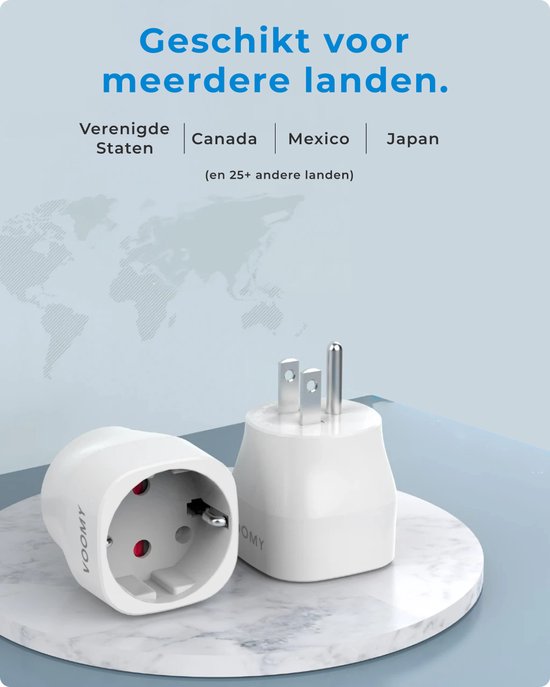 Voomy 2x Reisstekker Amerika - Type B - Wereldstekker - Geschikt voor USA, Canada, Thailand - 2 stuks - Wit