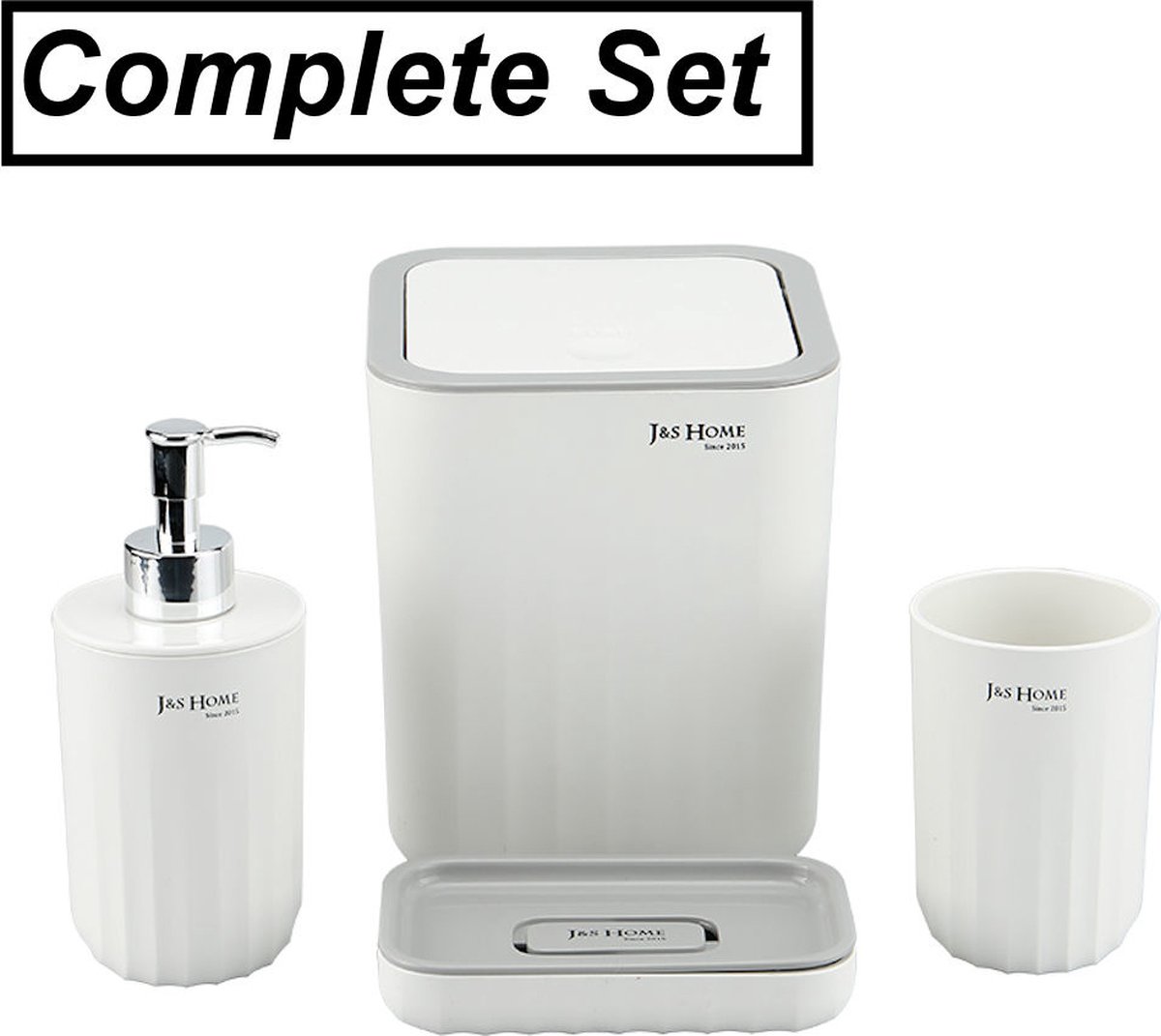 Badkamerset 4 Delig - Toiletaccessoires Set - Zeeppompje - Afvalemmer - Zeepschaal - Tandenborstelhouder - Beker - Wit