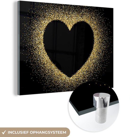 MuchoWow® Glasschilderij 120x90 cm - Schilderij acrylglas - Gouden hart op een zwarte achtergrond - Foto op glas - Schilderijen