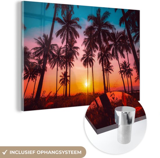 Glasschilderij zonsondergang - Palmboom - Horizon - Natuur - Tropisch - Wanddecoratie - Schilderij glas - Foto op glas - Woonkamer - 60x40 cm - Kamer decoratie