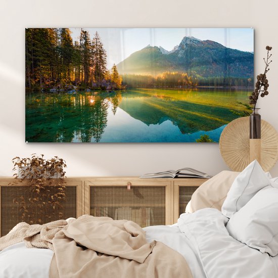 Peinture sur verre - Plaque acrylique - Lac - Water - Vert - Montagnes - Arbre - Décoration murale - Peinture sur verre - Verre acrylique - Photo sur verre - 120x60 cm - Peinture sur verre nature - Décoration murale