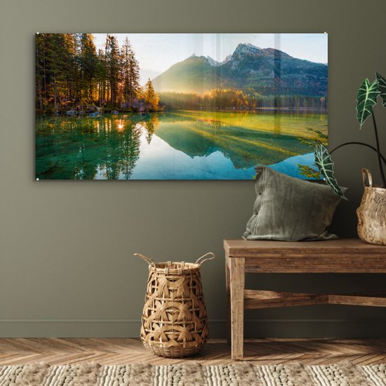 Peinture sur verre - Plaque acrylique - Lac - Water - Vert - Montagnes - Arbre - Décoration murale - Peinture sur verre - Verre acrylique - Photo sur verre - 120x60 cm - Peinture sur verre nature - Décoration murale