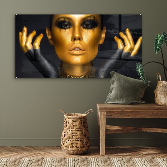 MuchoWow® Peinture sur Verre - Femme - Portrait - Or - Luxe - Zwart - 120x60 cm - Peintures sur Verre Acrylique - Photo sur Glas