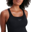 Zwarte Speedo dames sportbadpak met ronde hals en Speedo logo.