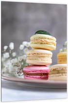 Dibond - Stapel Verschillende Smaken Macaron tijdens Chique High Tea - 100x150 cm Foto op Aluminium (Met Ophangsysteem)