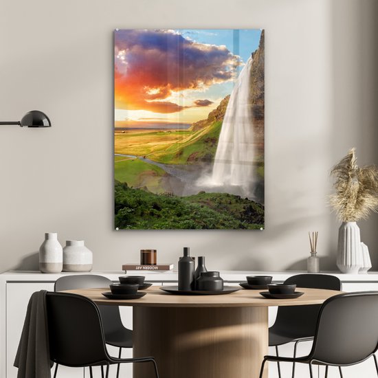 Peinture sur verre - Photo sur verre - Cascade - Rocher - Coucher de soleil - Verre acrylique - Peinture sur Verres - Décoration murale - Feuille acrylique - 60x80 cm - Décoration murale