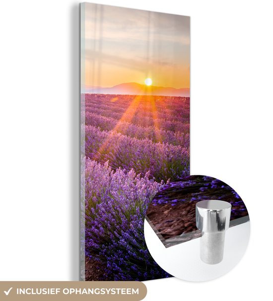 MuchoWow - Glasschilderij - Foto op glas - Lavendel - Bloemen - Zonsondergang - Natuur - Acrylglas - Wanddecoratie - 80x160 cm - Schilderij glas - Glasschilderij bloemen - Schilderij paars