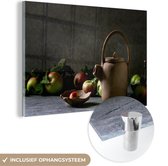 MuchoWow® Glasschilderij 30x20 cm - Schilderij acrylglas - Theepot - Thee - Stilleven - Foto op glas - Schilderijen