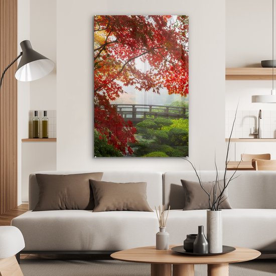 Peinture sur verre - Japonais - Pont - Érable du Japon - Arbres - Nature - Verre acrylique - Photo sur verre - 60x90 cm - Peinture sur verre nature - Décoration murale verre - Décoration murale - Peinture verre