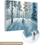 MuchoWow® Glasschilderij 80x60 cm - Schilderij acrylglas - Sneeuw - Bos - Winter - Foto op glas - Schilderijen