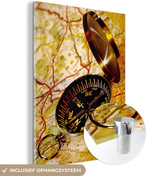MuchoWow® Glasschilderij 60x80 cm - Schilderij acrylglas - Kompas en een schat kaart - Foto op glas - Schilderijen