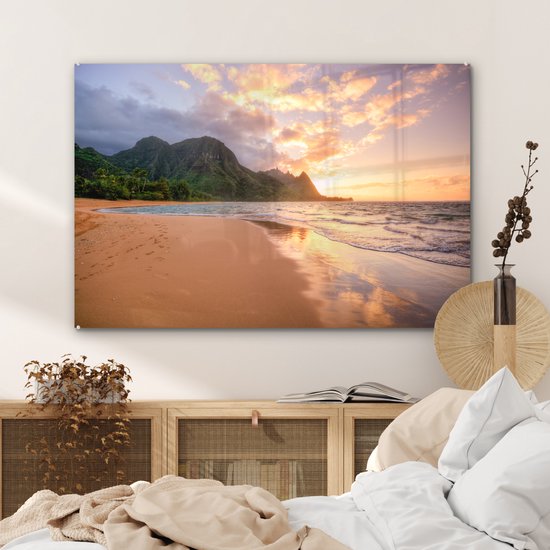 MuchoWow® Glasschilderij 120x80 cm - Schilderij acrylglas - Strand - Hawaï - Lucht - Foto op glas - Schilderijen