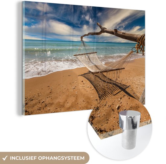 MuchoWow® Glasschilderij 180x120 cm - Schilderij acrylglas - Strand - Zee - Hangmat - Foto op glas - Schilderijen