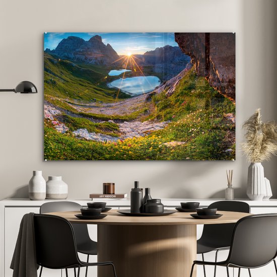 MuchoWow® Peinture sur verre 90x60 cm - Peinture sur verre acrylique - Alpes - Lac - Soleil - Photo sur verre - Peintures