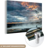 MuchoWow® Glasschilderij 120x80 cm - Schilderij acrylglas - Yellowstone - Lucht - Mist - Foto op glas - Schilderijen