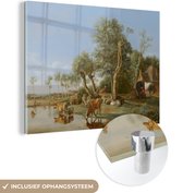 MuchoWow® Glasschilderij 80x60 cm - Schilderij acrylglas - Het spiegelende koetje - Schilderij van Paulus Potter - Foto op glas - Schilderijen