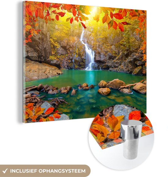 Glasschilderij - Schilderij natuur - Herfst - Waterval - Rots - Acrylplaat - Wanddecoratie - Foto op glas - 40x30 cm - Acrylglas