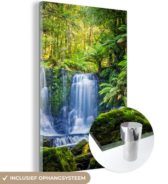 MuchoWow® Glasschilderij 60x90 cm - Schilderij acrylglas - Jungle - Waterval - Australië - Planten - Natuur - Foto op glas - Schilderijen