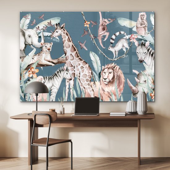 MuchoWow® Peinture sur verre 150x100 cm - Peinture sur verre acrylique - Peinture aquarelle - Jungle - Animaux - Garçons - Blauw - Enfants - Photo sur verre - Peintures