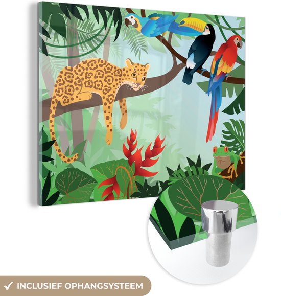 MuchoWow® Glasschilderij 160x120 cm - Schilderij acrylglas - Jungle dieren - Toekan - Jongens - Meiden - Luipaard - Foto op glas - Schilderijen