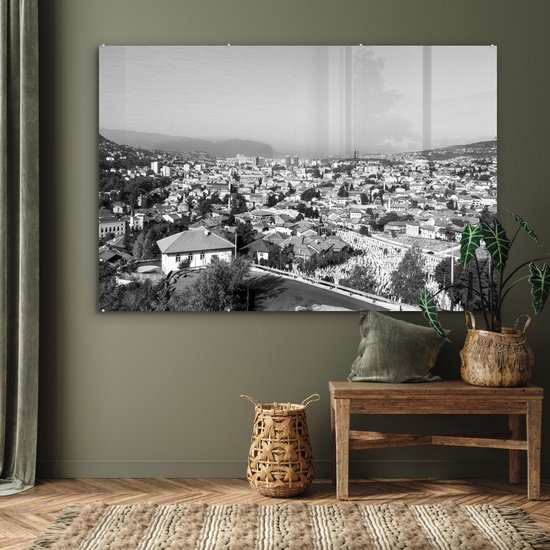 MuchoWow® Peinture sur verre 150x100 cm - Peinture sur verre acrylique - Toits traditionnels de Sarajevo en Bosnie-Herzégovine - noir et blanc - Photo sur verre - Peintures