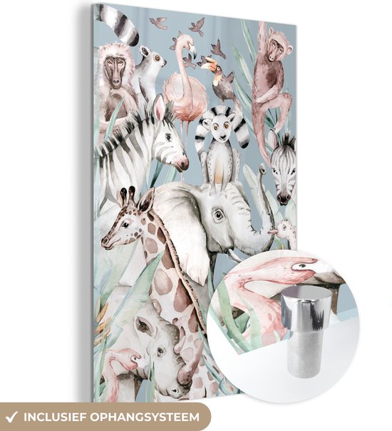 MuchoWow® Glasschilderij 20x30 cm - Schilderij acrylglas - Aquarelverf - Dieren - Flamingo - Olifant - Jongens - Blauw - Kinderen - Kindje - Foto op glas - Schilderijen