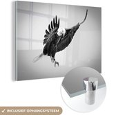 MuchoWow® Glasschilderij 150x100 cm - Schilderij acrylglas - Adelaar in de aanval fotoprint - zwart wit - Foto op glas - Schilderijen