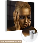 MuchoWow® Glasschilderij 50x50 cm - Schilderij acrylglas - Vrouw - Goud - Verf - Foto op glas - Schilderijen