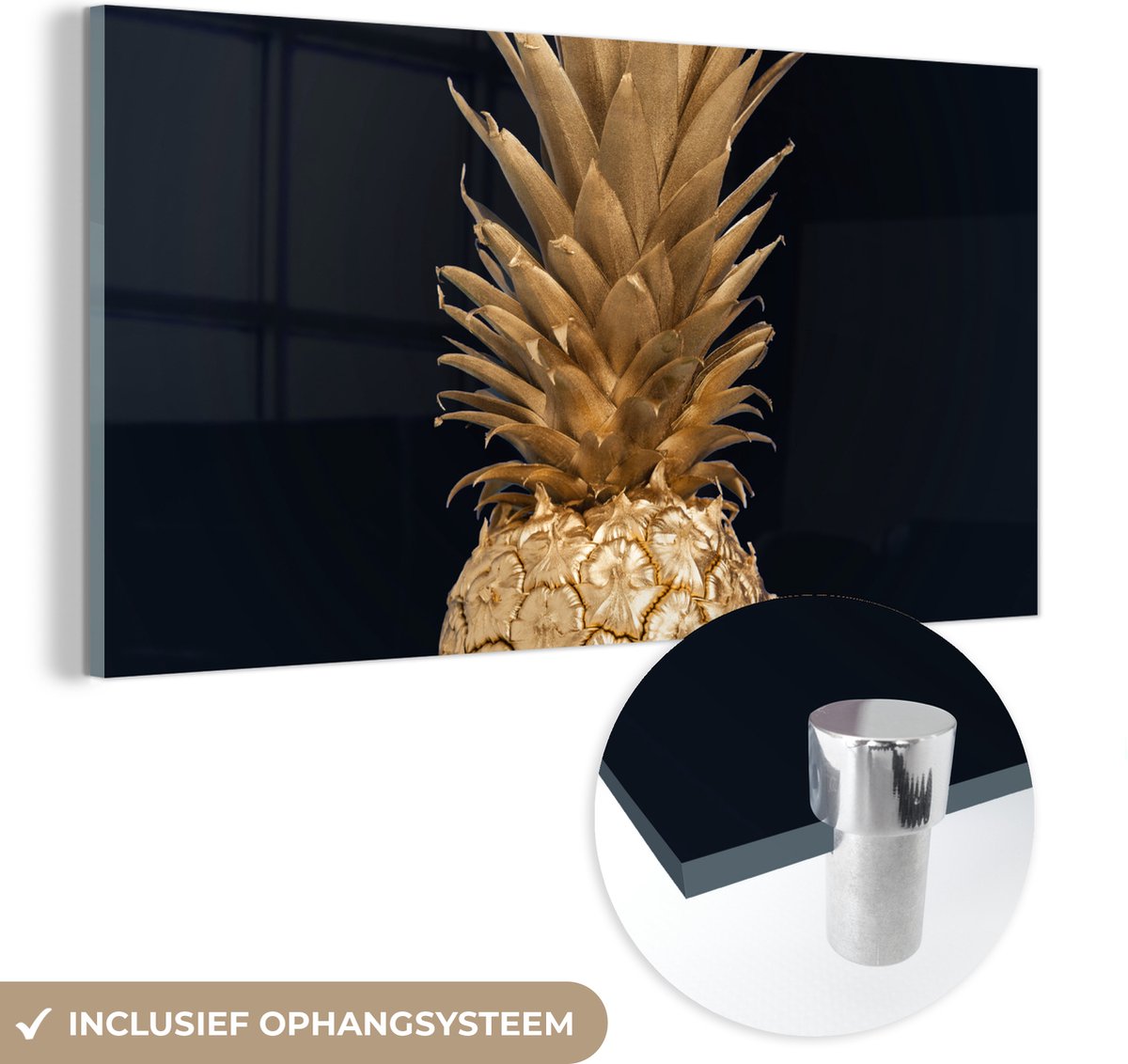MuchoWow® Glasschilderij 40x20 cm - Schilderij acrylglas - Ananas - Goud - Verf - Zwart - Fruit - Luxe - Foto op glas - Schilderijen